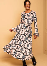 Φόρτωση εικόνας στο εργαλείο προβολής Συλλογής, Dolores Dress Εκρού Pixel Blue Aztek Velvet Φόρεμα με Ζώνη & Τσέπες Petit Boutik