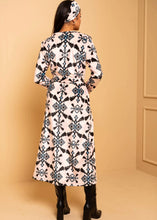 Φόρτωση εικόνας στο εργαλείο προβολής Συλλογής, Amelia Dress Εκρού Pixel Blue Aztek Βελούδινο Φόρεμα με Ζώνη Petit Boutik