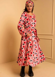 Dolores Dress Pink Pixel Flowers Velvet Rip Φόρεμα με Ζώνη & Τσέπες Petit Boutik