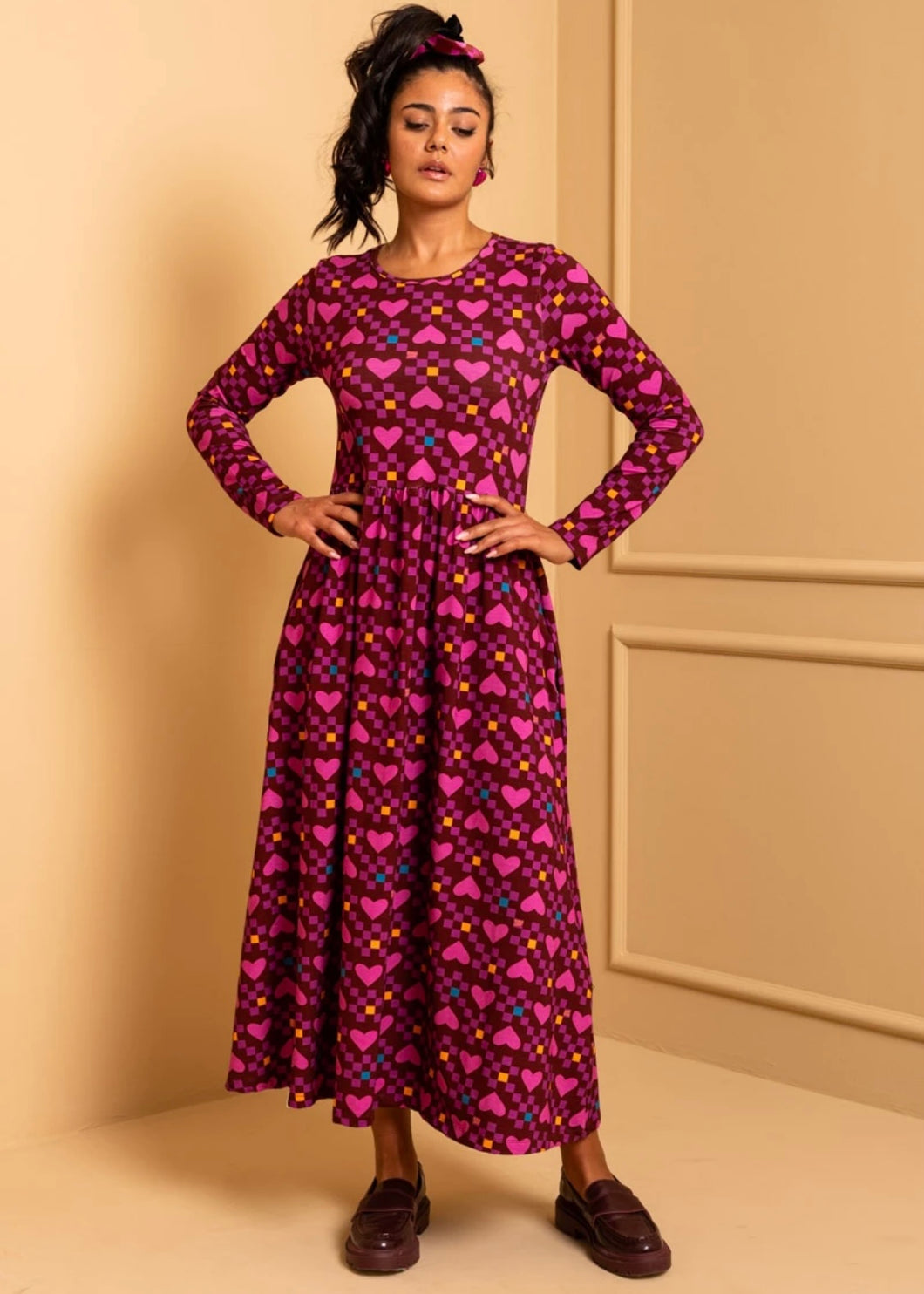 Isabella Dress Magenta Hearts Cubes Jersey Φόρεμα με Τσέπες Petit Boutik