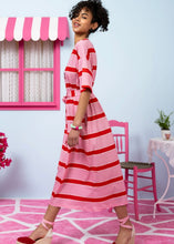 Load image into Gallery viewer, Reina T-shirt Dress Red Pink Stripes Με Κέντημα Καρδιά Κοντομάνικο Φόρεμα με Τσέπες &amp; Ζώνη Petit Boutik
