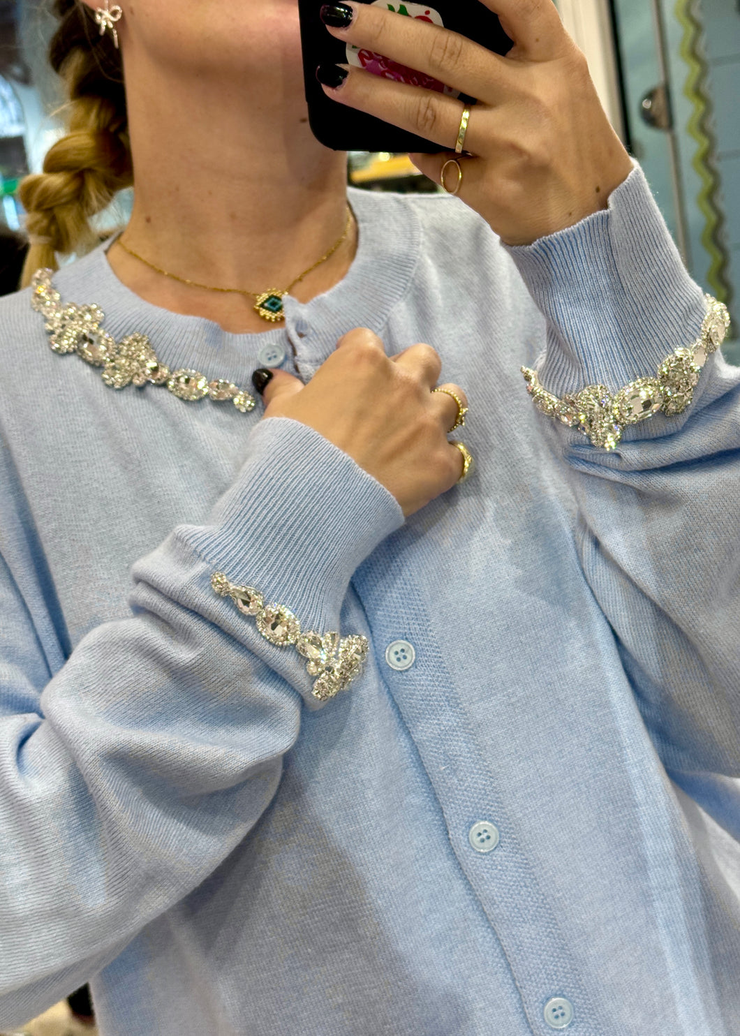 CARDIGAN WITH STRAS BABY BLUE MILKWHITE