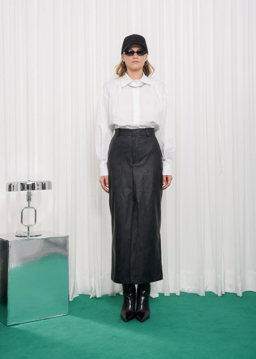 PURPOSE FAUX LEATHER MIDI SKIRT BLACK ARPYES