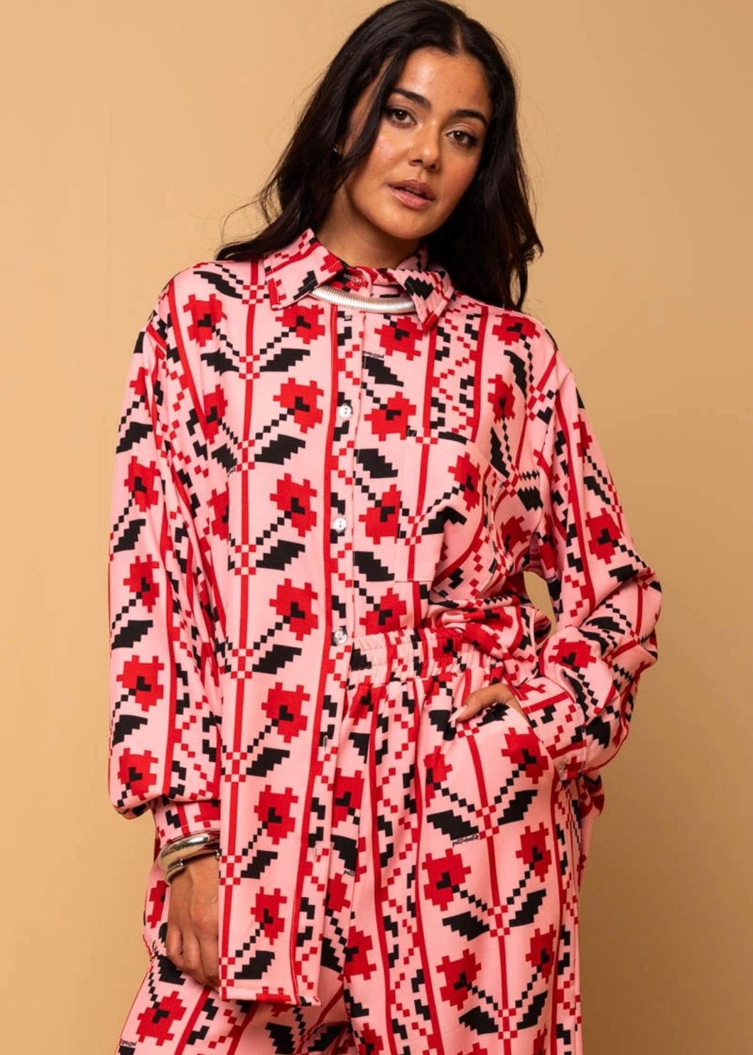 Maya Shirt Pink Pixel Flowers Πουκάμισο Petit Boutik