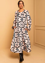 Φόρτωση εικόνας στο εργαλείο προβολής Συλλογής, Dolores Dress Εκρού Pixel Blue Aztek Velvet Φόρεμα με Ζώνη &amp; Τσέπες Petit Boutik
