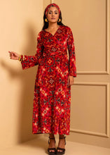 Φόρτωση εικόνας στο εργαλείο προβολής Συλλογής, Iris Wrap Dress Red Terracotta Folk Pixel Flower Βελούδινο Rip Φόρεμα Κρουαζέ Petit Boutik
