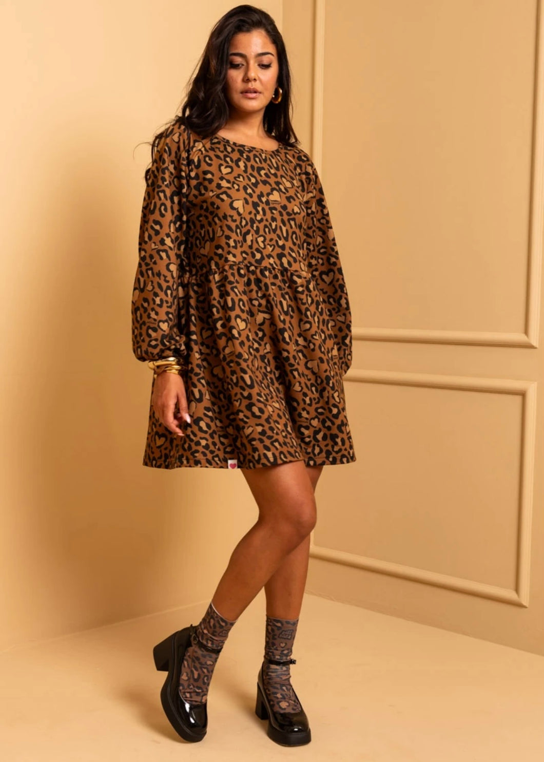 Melina Mini Dress Brown Animal Print Leopar Φούτερ Φόρεμα με Τσέπες Petit Boutik