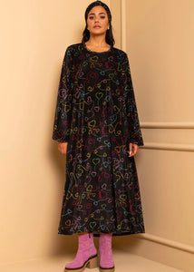 Dolores Dress Black Connecting Hearts Velvet Rip Φόρεμα με Ζώνη & Τσέπες Petit Boutik
