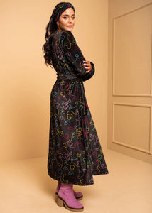 Dolores Dress Black Connecting Hearts Velvet Rip Φόρεμα με Ζώνη & Τσέπες Petit Boutik