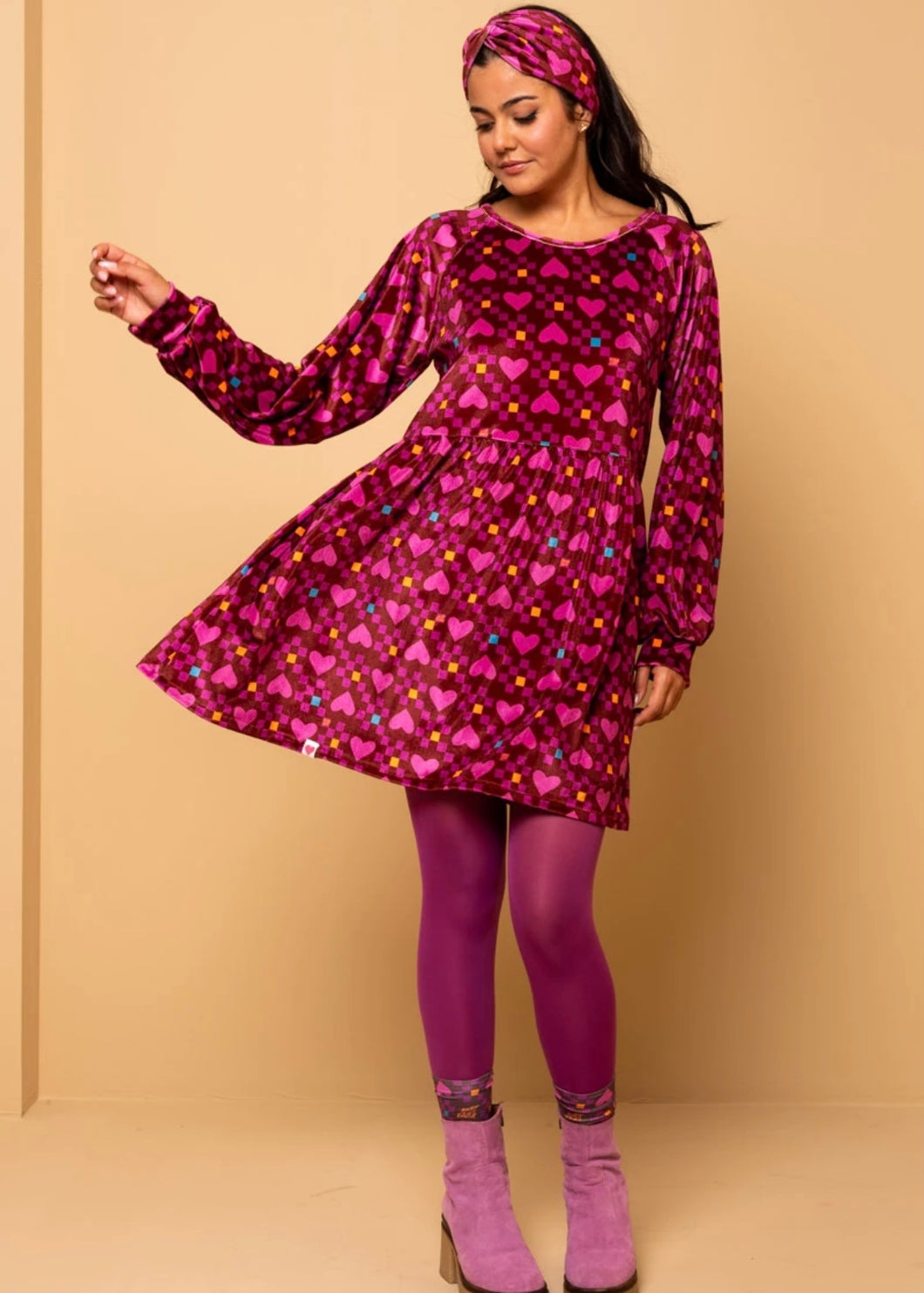 Melina Mini Dress Magenta Hearts Cubes Βελούδινο Φόρεμα με Τσέπες Petit Boutik