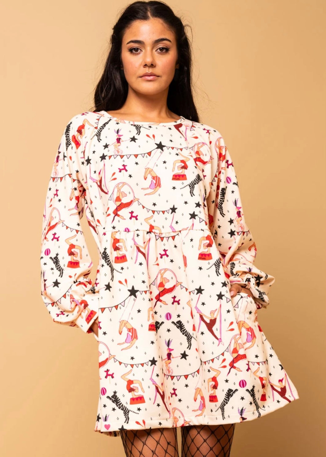 Melina Mini Dress Cream Circus Φούτερ Φόρεμα με Τσέπες Petit Boutik
