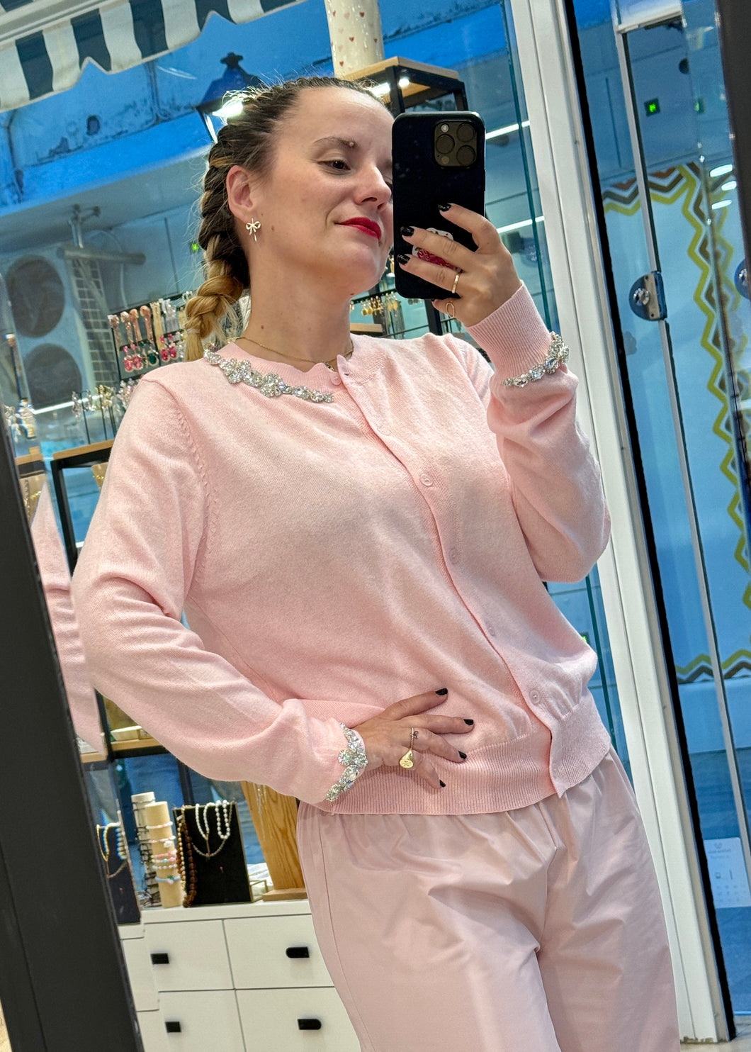 CARDIGAN WITH STRAS PINK MILKWHITE