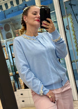 Load image into Gallery viewer, CARDIGAN WITH STRAS BABY BLUE MILKWHITE

