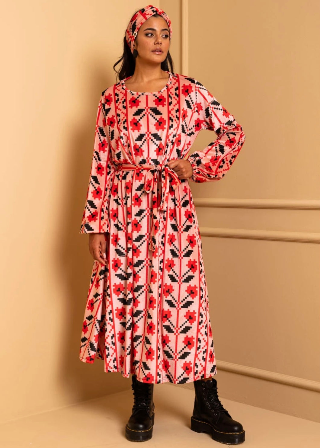 Dolores Dress Pink Pixel Flowers Velvet Rip Φόρεμα με Ζώνη & Τσέπες Petit Boutik