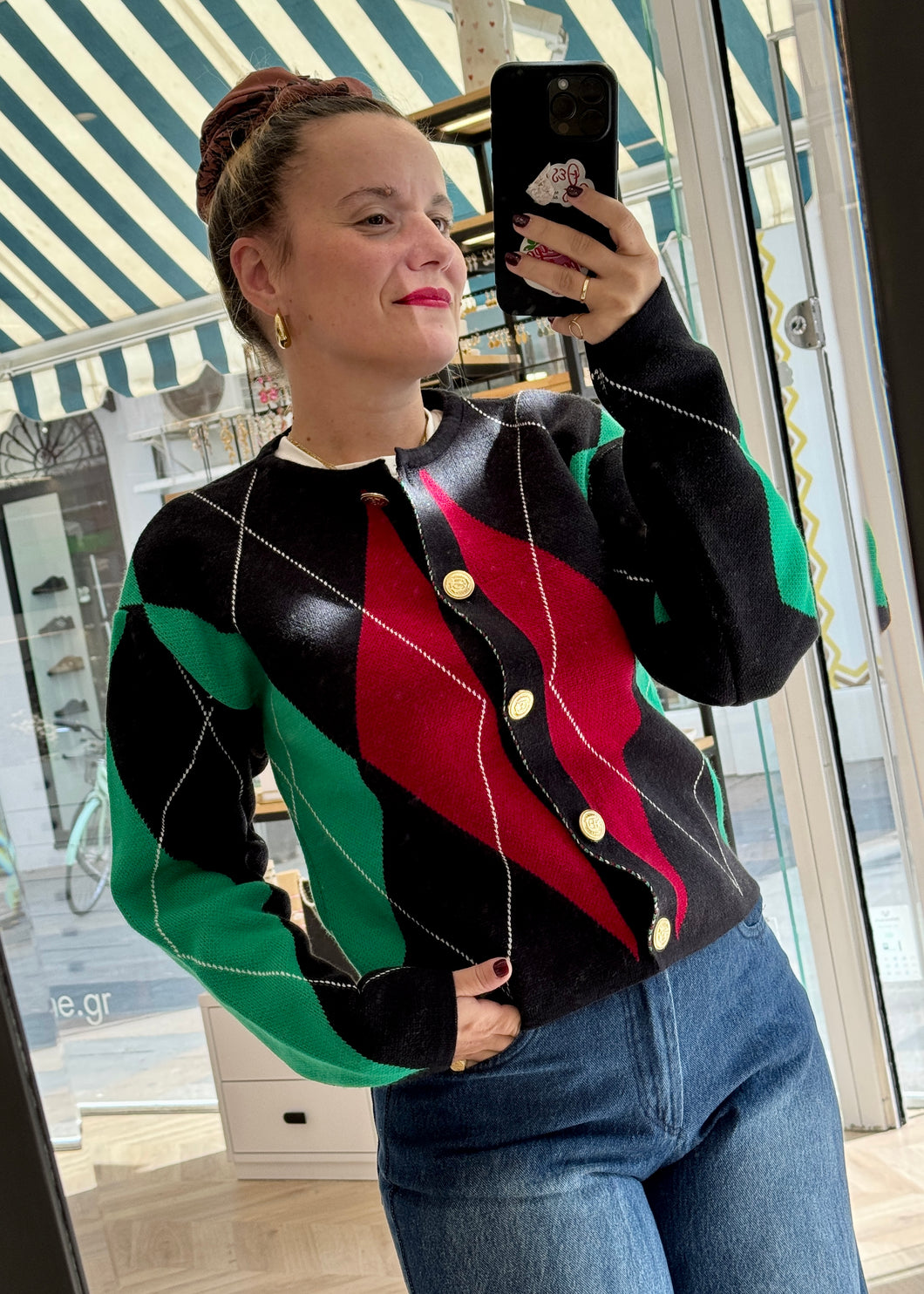LILA CARDIGAN RED GREEN PALOMAS Y MARGARITAS