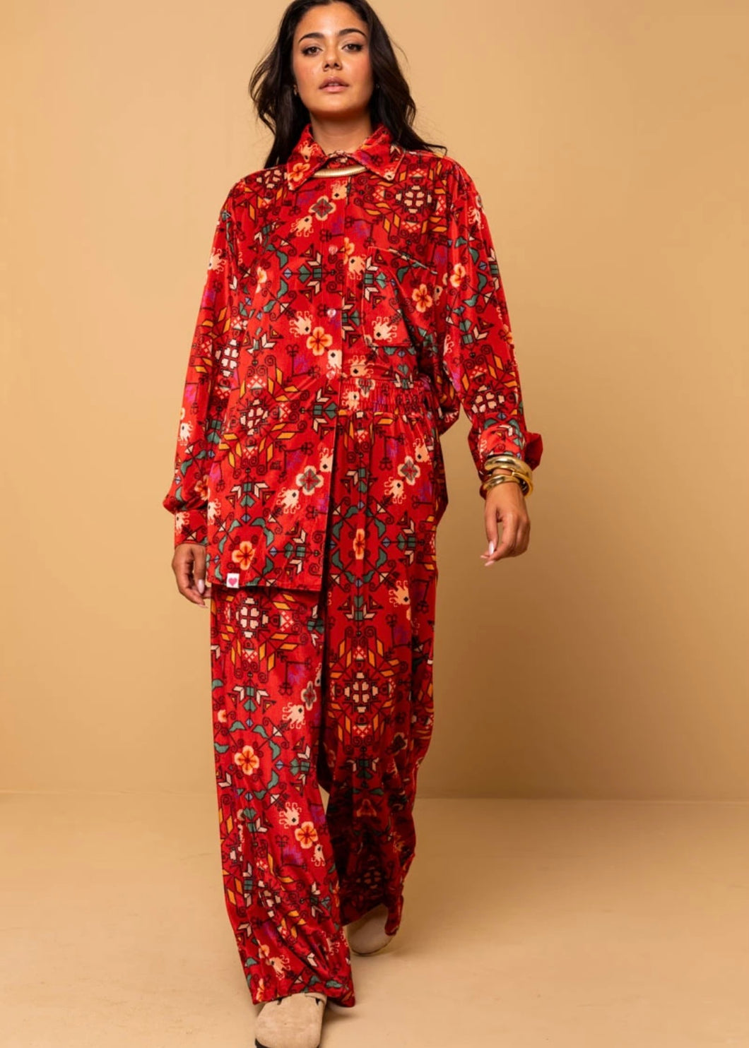 Lisa Pants Red Terracotta Folk Pixel Flower Βελούδινο Rip με Τσέπες Petit Boutik