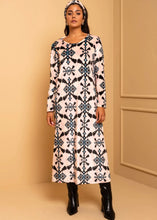 Φόρτωση εικόνας στο εργαλείο προβολής Συλλογής, Amelia Dress Εκρού Pixel Blue Aztek Βελούδινο Φόρεμα με Ζώνη Petit Boutik
