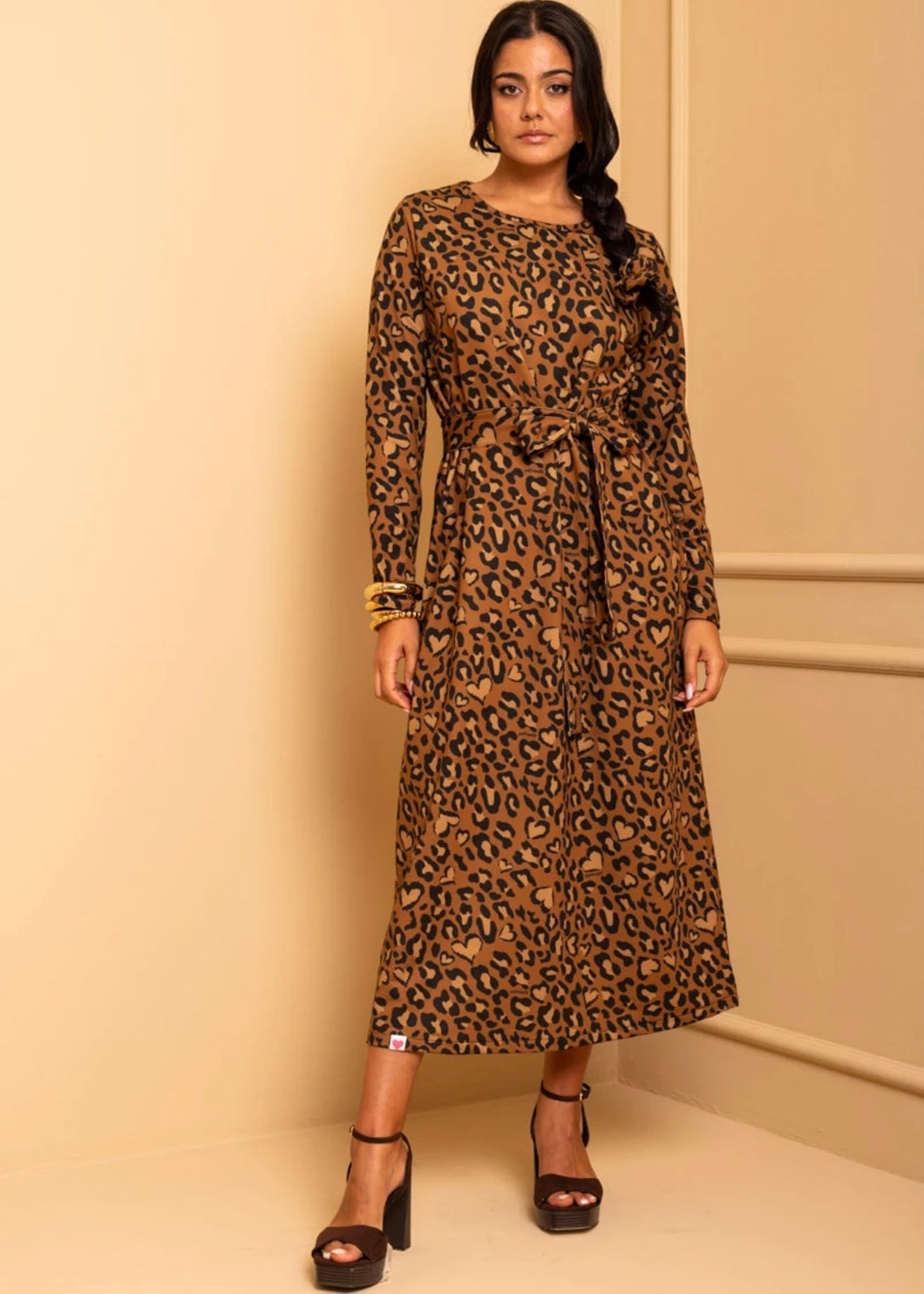 Amelia Dress Brown Animal Print Leopar Φούτερ Φόρεμα με Ζώνη Petit Boutik