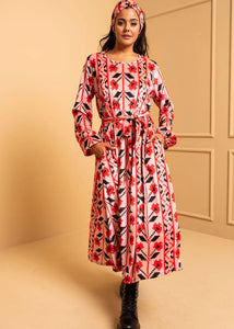Dolores Dress Pink Pixel Flowers Velvet Rip Φόρεμα με Ζώνη & Τσέπες Petit Boutik