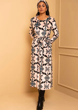 Φόρτωση εικόνας στο εργαλείο προβολής Συλλογής, Amelia Dress Εκρού Pixel Blue Aztek Βελούδινο Φόρεμα με Ζώνη Petit Boutik
