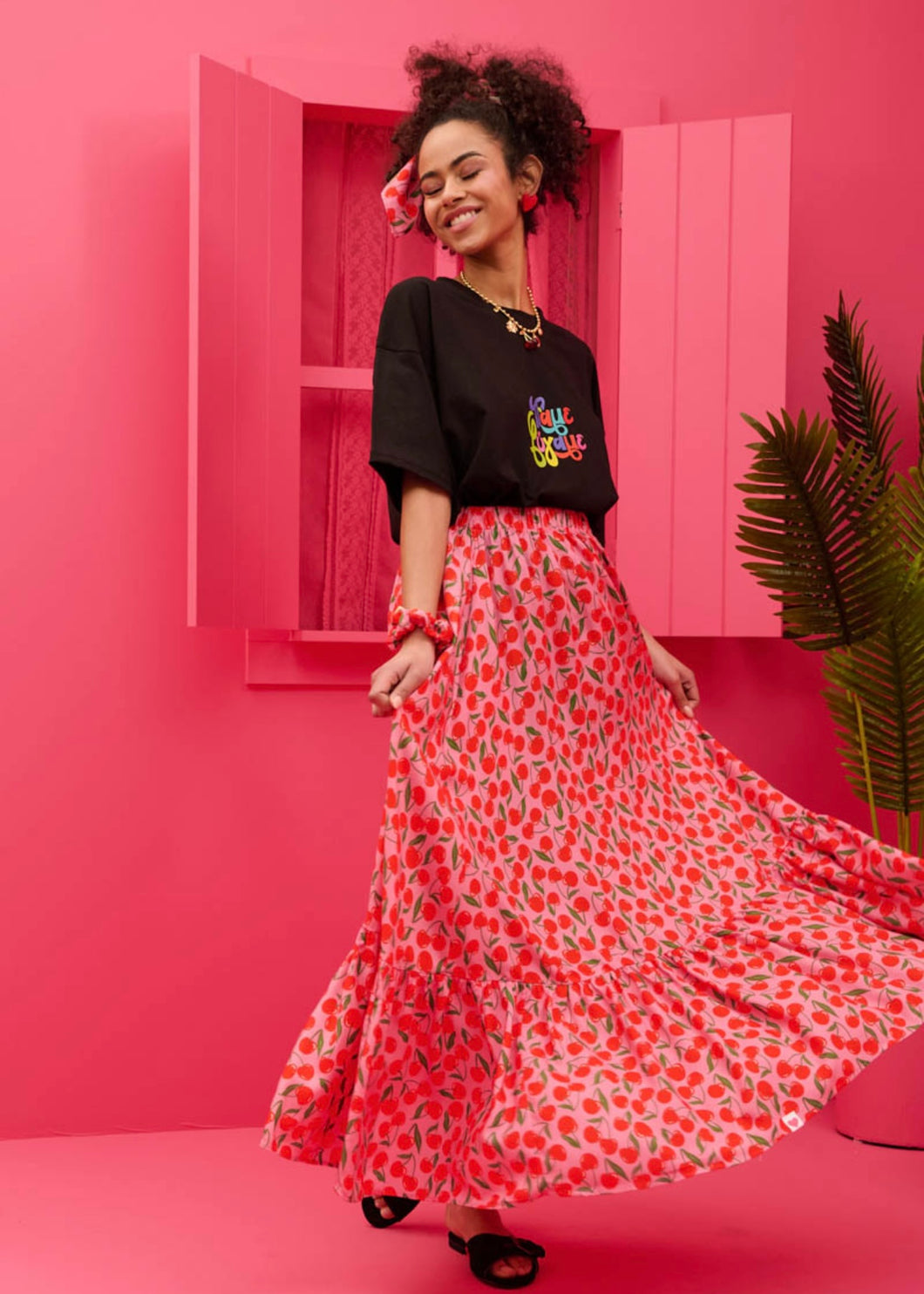 Kiara Skirt Vis Pink Cherries Φούστα Petit Boutik