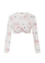 Load image into Gallery viewer, CROPPED CRYSTAL TOP (PINK BOWS) MILKWHITE
