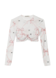 CROPPED CRYSTAL TOP (PINK BOWS) MILKWHITE