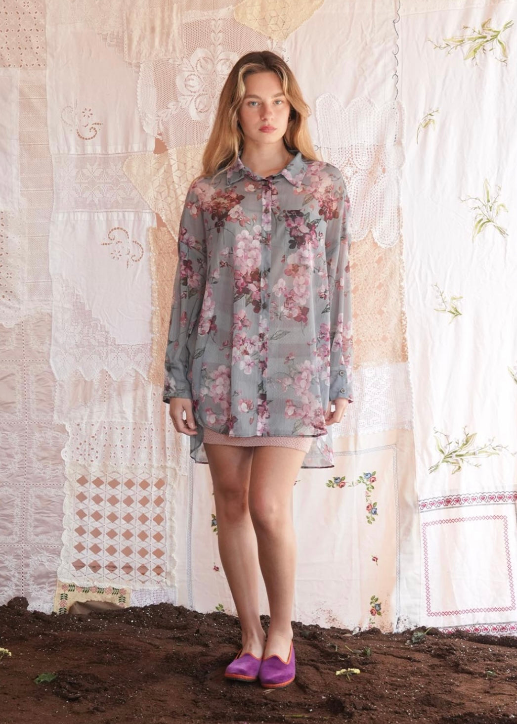 HERON SHIRT (GREY BLUE FLORAL) MADAME SHOUSHOU