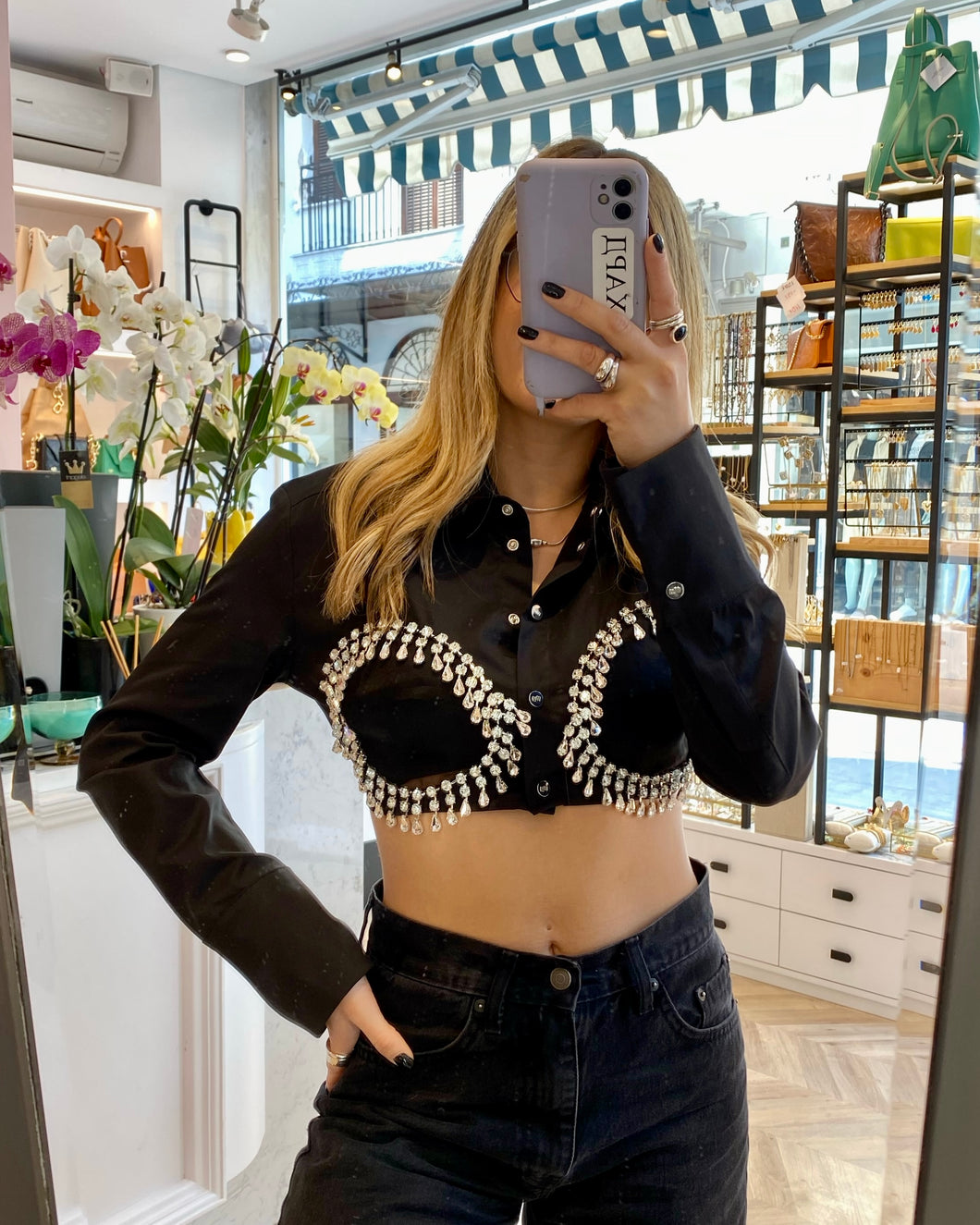 CROP SHIRT WITH CRYSTALS (BLACK) MILKWHITE