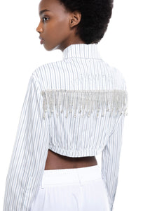 CROPPED STRIPED SHIRT WITH CRYSTALS(Blue) MILKWHITE