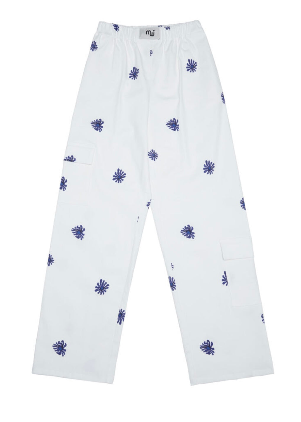 UNISEX PRINTED CARGO PANTS (Floral blue) MILKWHITE