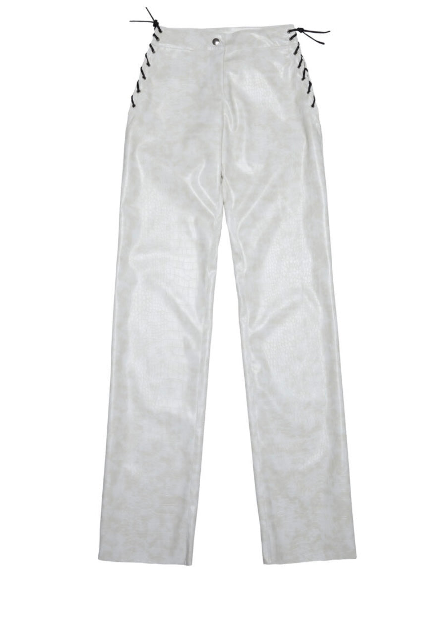 FAUX LEATHER PANTS WITH CUT OUT DETAIL (White) MILKWHITE