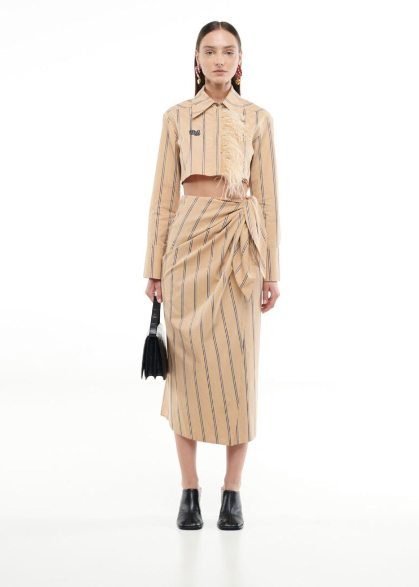 WRAP STRIPED SKIRT MILKWHITE (Camel/Black)
