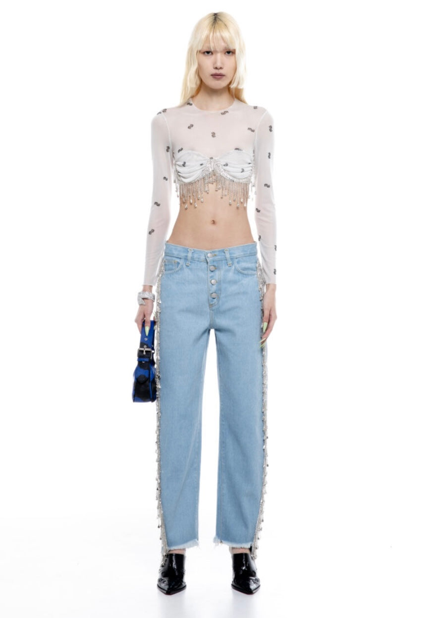 PRINTED MESH CROPPED CRYSTAL TOP “MW LOGO” MILKWHITE